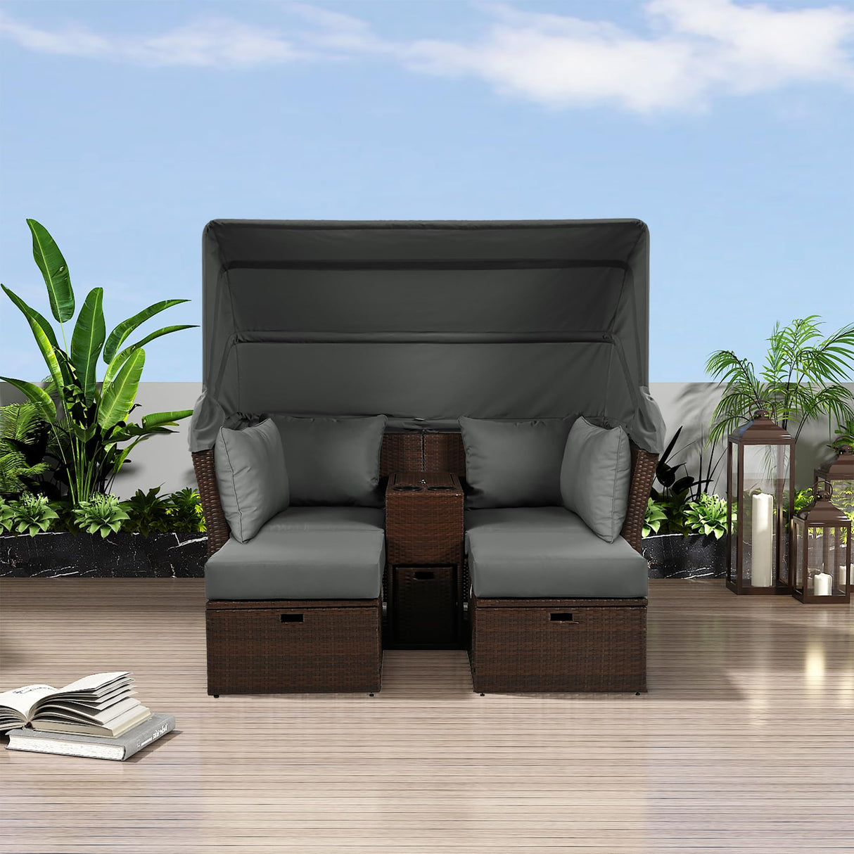 Merax Patio Outdoor Loveseat Sofa Double Daybed Set, 2-Seater with Foldable Awning+Cushions+4 Pillows, for Garden, Balcony, Poolside, Grey