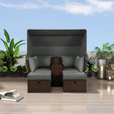 Merax Patio Outdoor Loveseat Sofa Double Daybed Set, 2-Seater with Foldable Awning+Cushions+4 Pillows, for Garden, Balcony, Poolside, Grey
