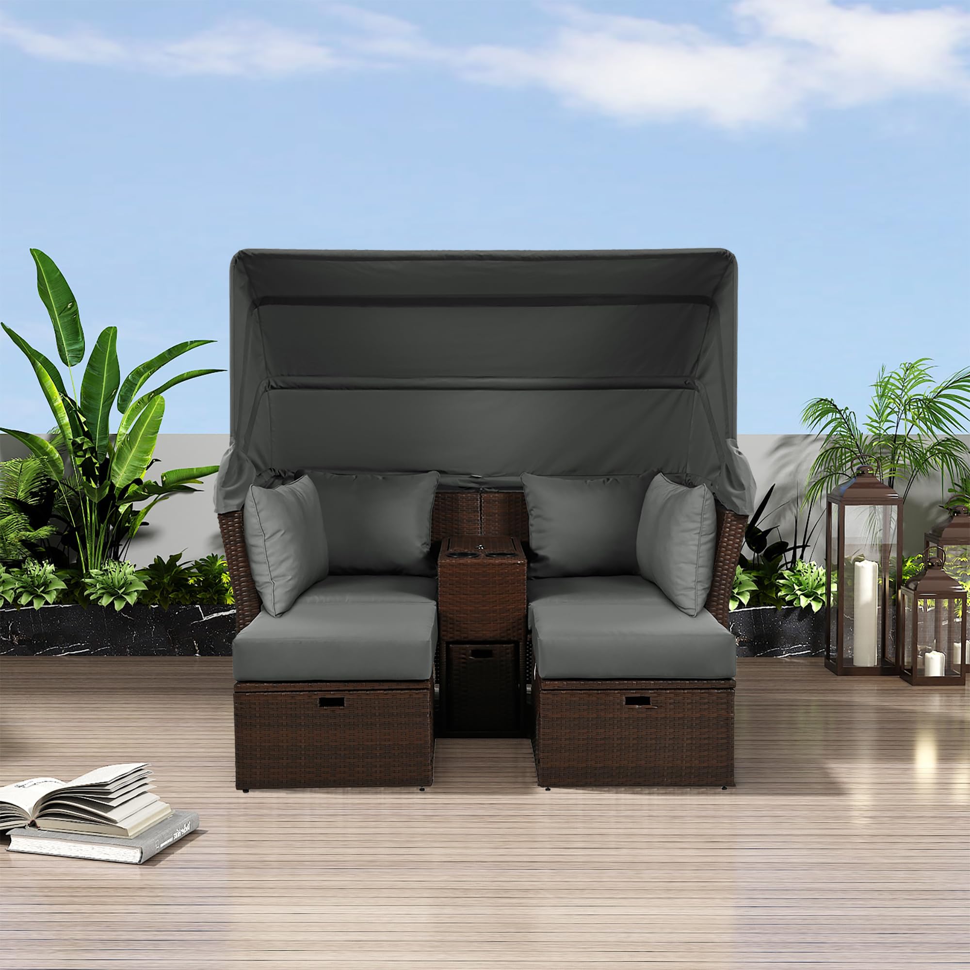 Merax Patio Outdoor Loveseat Sofa Double Daybed Set, 2-Seater with Foldable Awning+Cushions+4 Pillows, for Garden, Balcony, Poolside, Grey