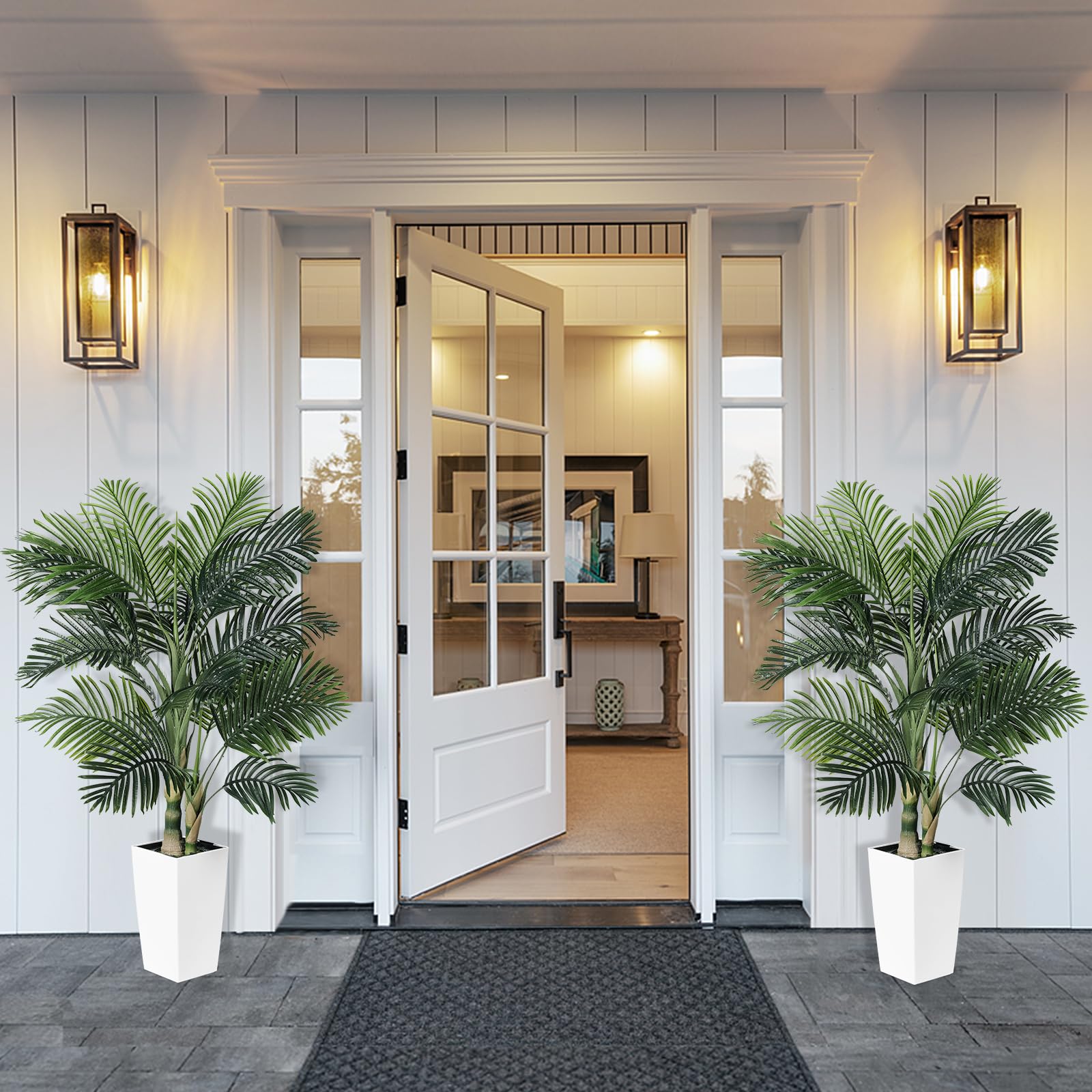 Artificial Golden Cane Palm Tree 5ft - Fake Palm Tree with White Tall Planter