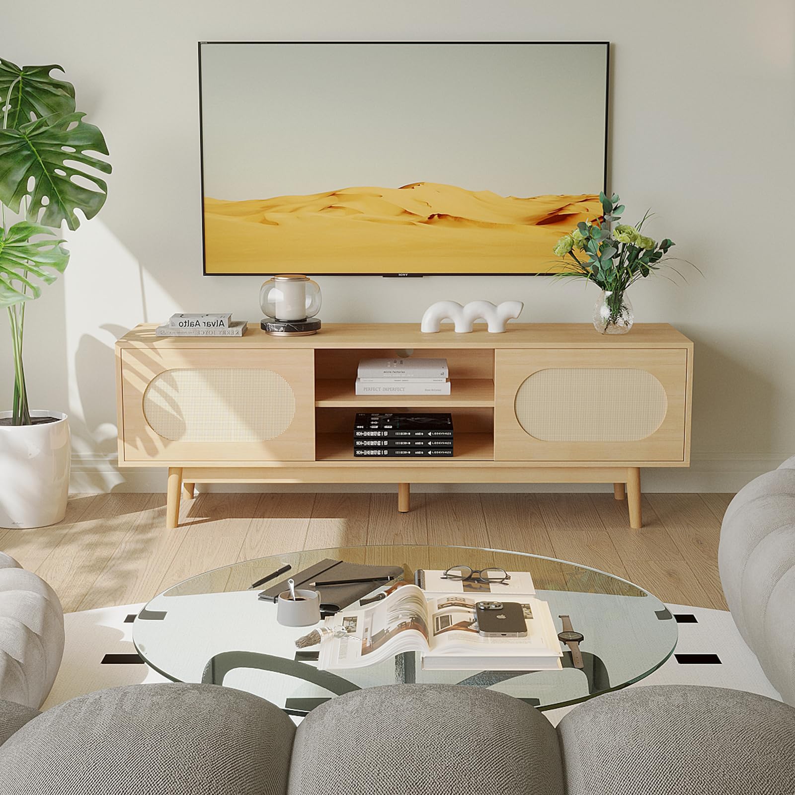 Farmhouse Rattan TV Stand for 55/60/65 inch TV, Modern Entertainment Center with Natural