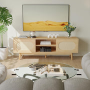 Farmhouse Rattan TV Stand for 55/60/65 inch TV, Modern Entertainment Center with Natural
