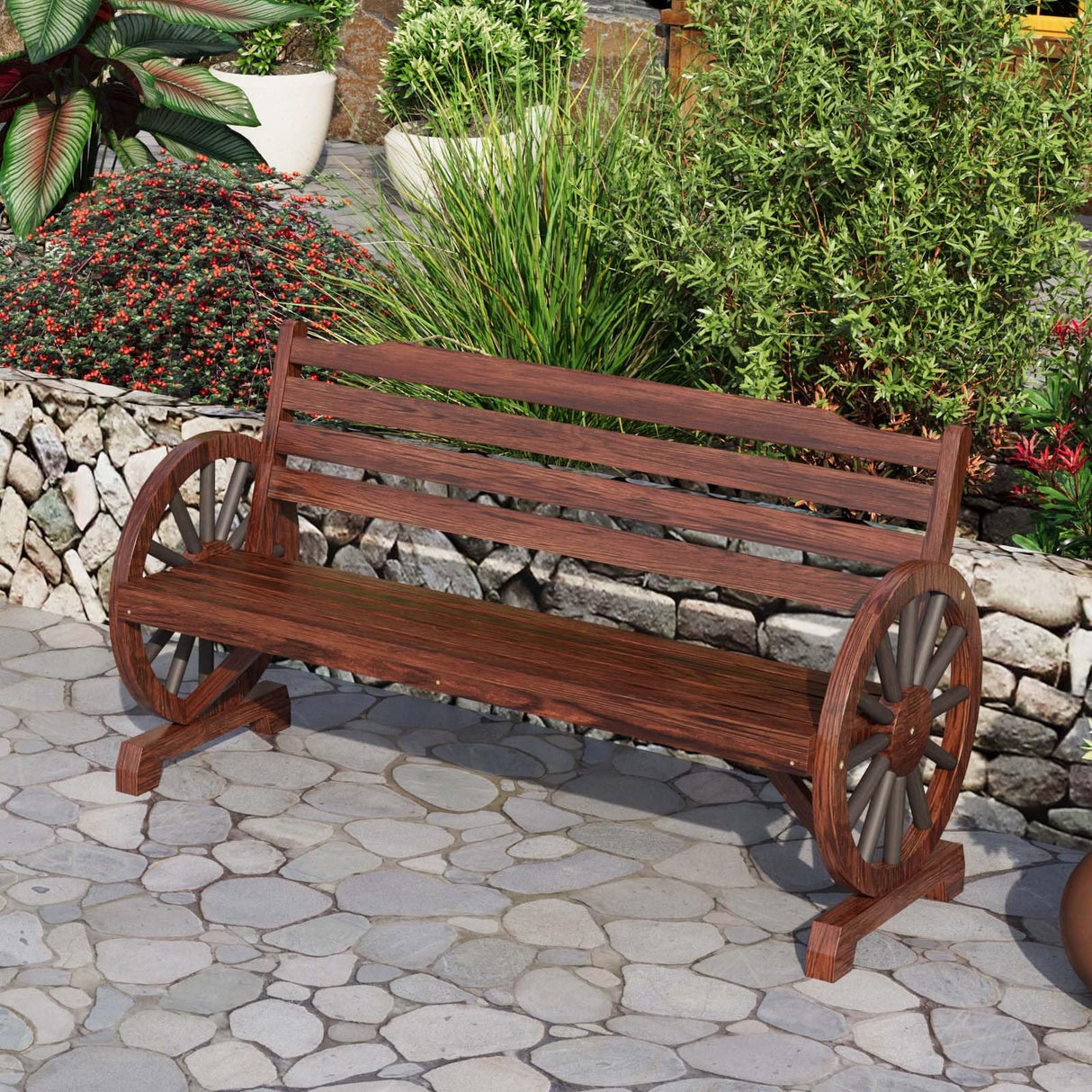 Outdoor Bench, 55 Inch Patio Bench, Rustic Wooden Wheel Bench, Wagon Slatted Seat