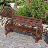 Outdoor Bench, 55 Inch Patio Bench, Rustic Wooden Wheel Bench, Wagon Slatted Seat