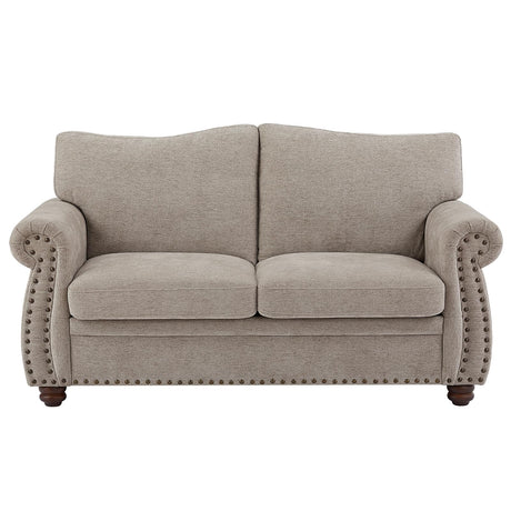 Nailhead Sofa, 66" Small Couch with Rolled Arms, Chenille Fabric Loveseat w/Springs Seat Cushion, Vintage Curved Back, Turned Wood Legs, Comfy Couch for Living Room, Bedroom, Farmhouse, Beige