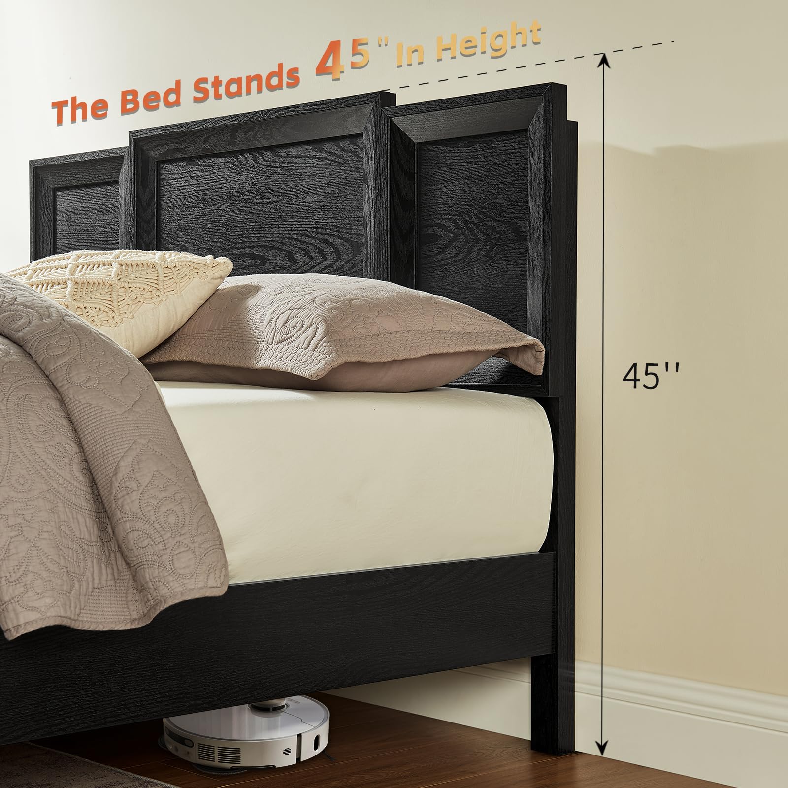 Queen Bed Frame with Wood Headboard and Footboard - Black