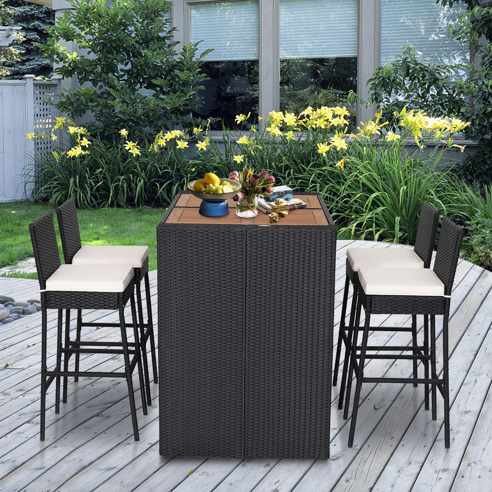 5 Piece Patio Wicker Bar Set, Patiojoy Outdoor Acacia Wood Bar Height Table