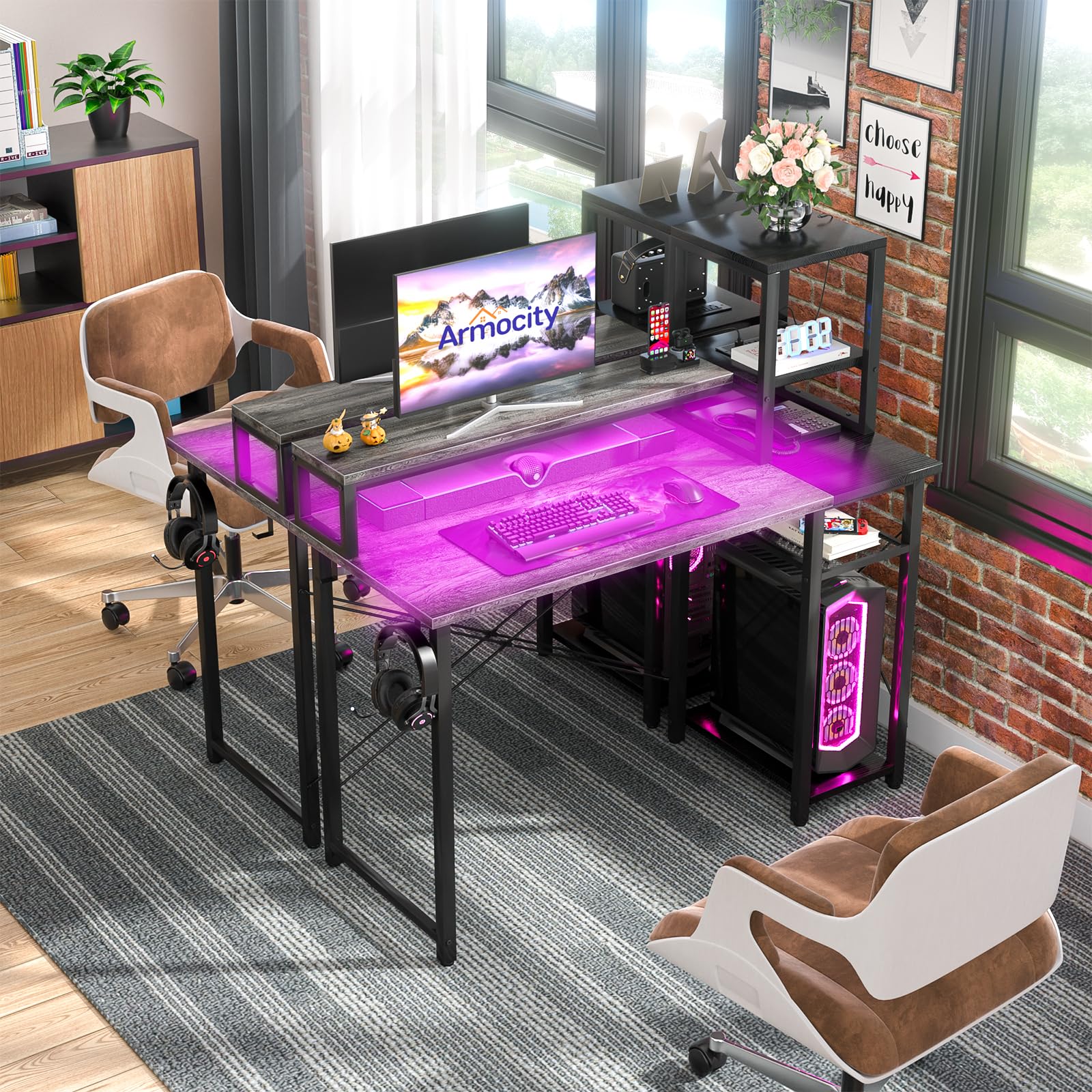 2024 Upgrade Gaming Desk with LED Lights, Small Computer Desk with Long Monitor