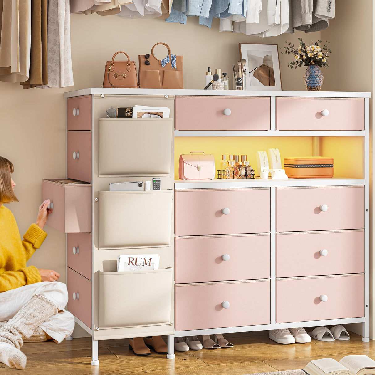 Drawers Dresser for Bedroom with and Charging Station, Long Drawers Dresser, Pink Dressers & Chests of Drawers, Fabric Chest of Drawers with Side Pocket for Girl Bedroom Closet Organizer