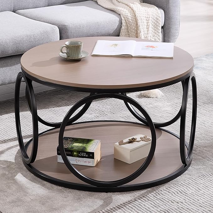 Round Industrial Coffee Table, Modern Round Coffee Table with Storage