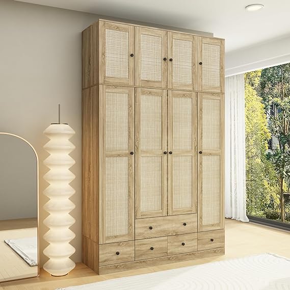 4 Door Wardrobe Armoire Closet, Bedroom Cabinet Armoire with Rattan Doors