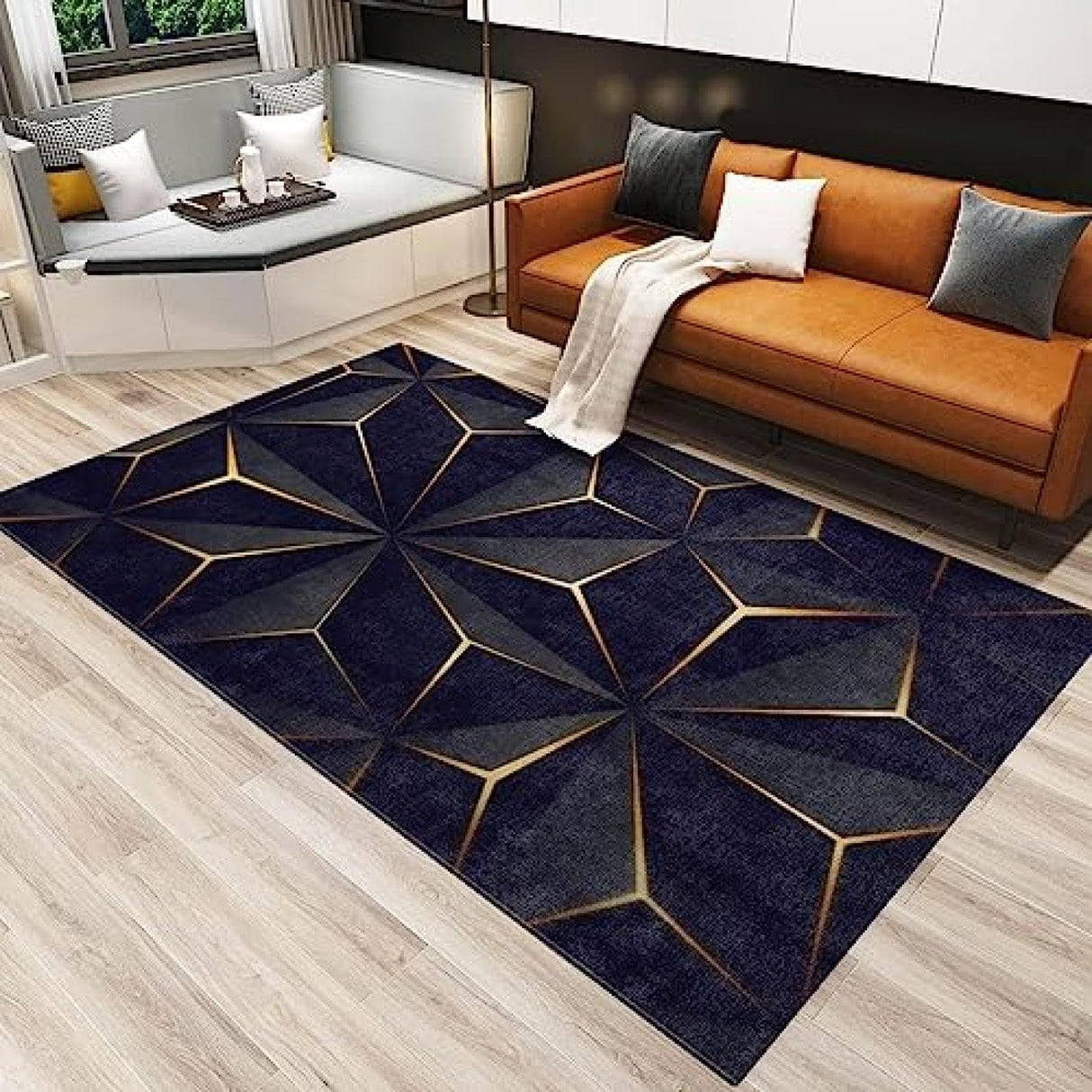 Modern 3D Stereoscopic Geometry Rug for Living Room, Nordic Luxury Black Gold Decor Area Rug,