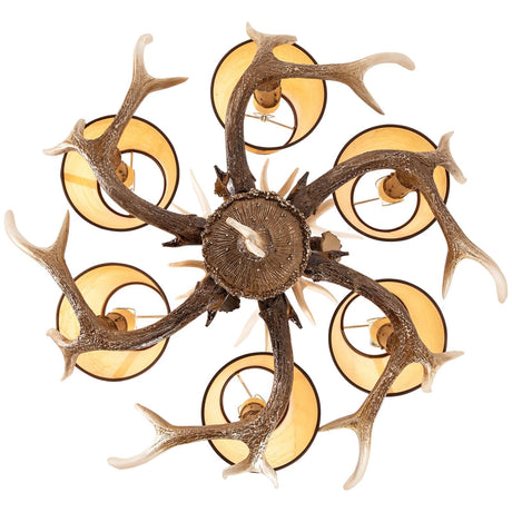 TFCFL Antler Chandelier 6 Lights,Rustic Antler Pendant Light with Fabric Lampshade,Farmhouse Resin Antler Chandelier for Kitchen Living Room Dining Room
