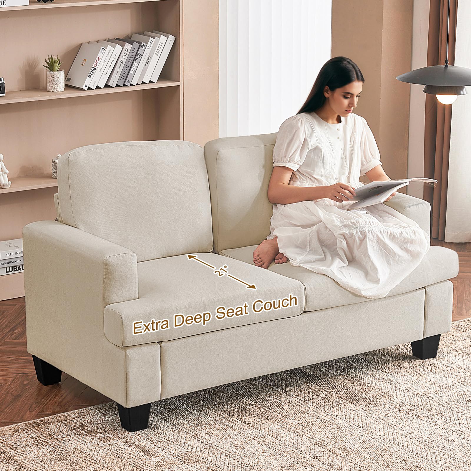 62" Loveseat Couch, Beige Linen Sofa, Modern Deep Seat Sofa for Living Room