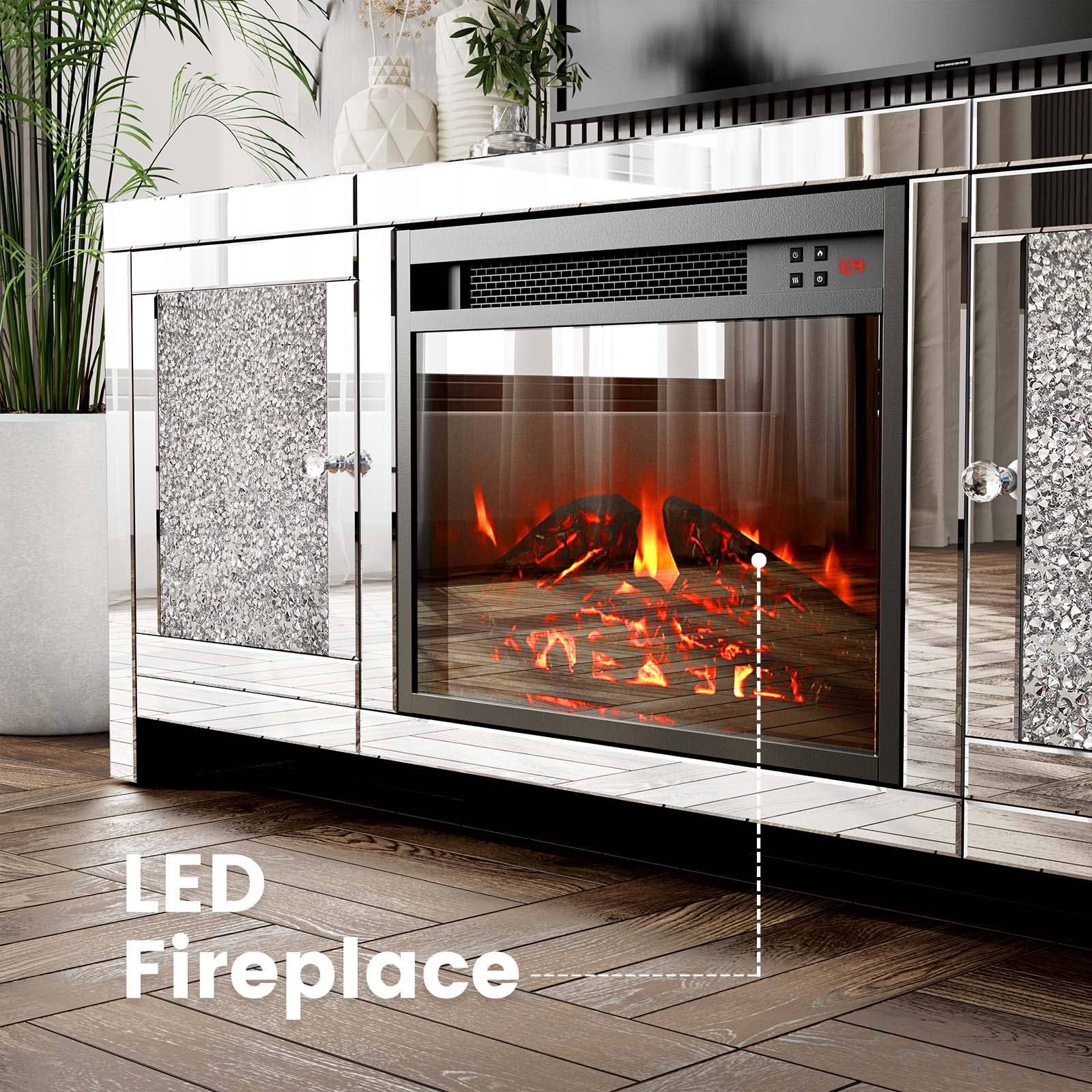 Mirrored Fireplace TV Stand, Mirrored Media Entertainment Center for TV up to 55 inch