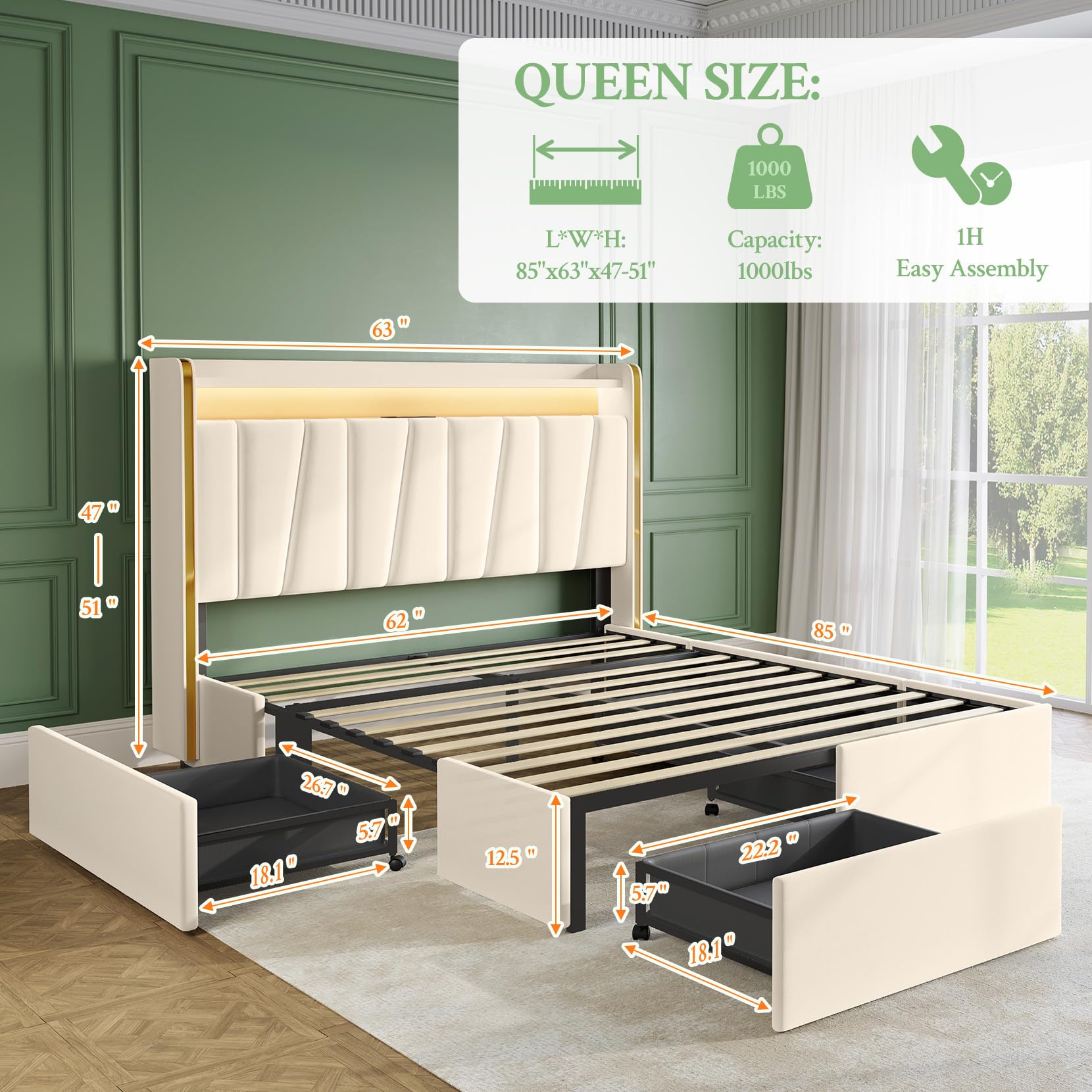 Queen Platform Bed Frame with Storage Drawers & LED Headboard