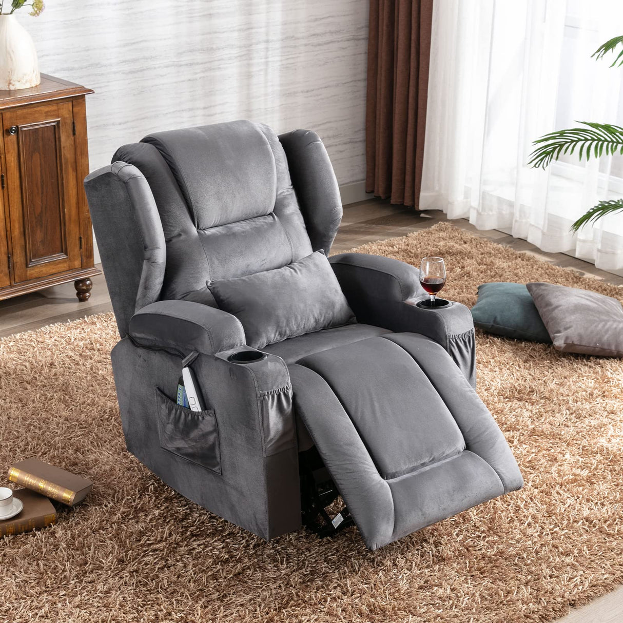 Power Recliner Chair with Massage and Heat Velvet Electric Reclining Ergonomic