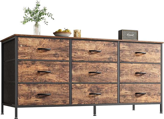 9 Drawer Dresser, 55 Inch Dresser TV Stand for 55, 60 Inch TV, Entertainment Center with Drawers, Large Storage Fabric Dresser for Bedroom, Closet, Rustic Brown