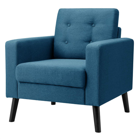 Accent Chair, Mid Century Armchair W/Rubber Wood Legs, Linen Single Sofa W/Fabric Cushion, Upholstered Arm Chair for Living Room, Office, Bedroom (Blue)