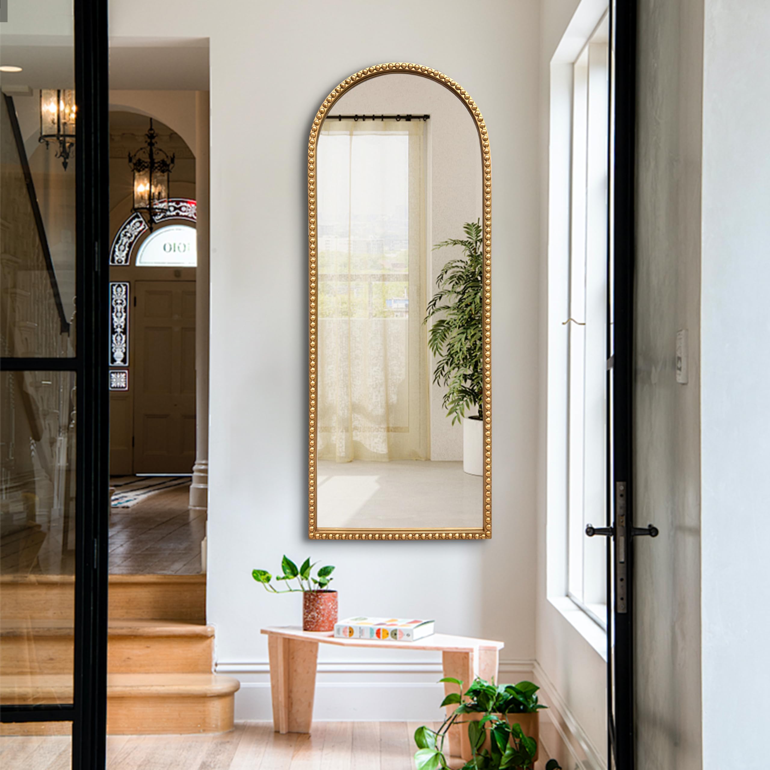 Vintage Gold Arch Floor Mirror 20"x53" - Full Length Wall Mirror with Beaded Metal Frame