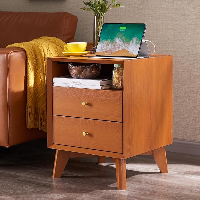 Nightstand with Charging Station, Modern End Table, Bedside Table with 2 Drawers, Mid