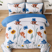 Blue Floral Quilt Set Queen Size,Blue Botanical Printed Bedspread Coverlet Set