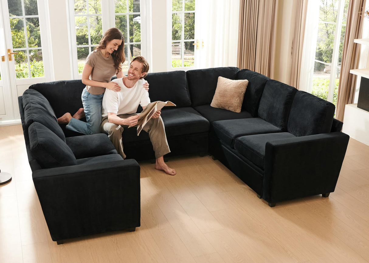 Modular Sectional Couch with Storage, Velvet U-Shaped Sectional Sofa