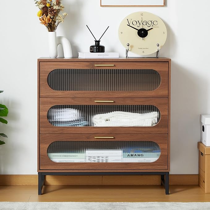 3 Drawers Dresser, Wooden dresser with Tempered Glass Drawers and Metal Handle