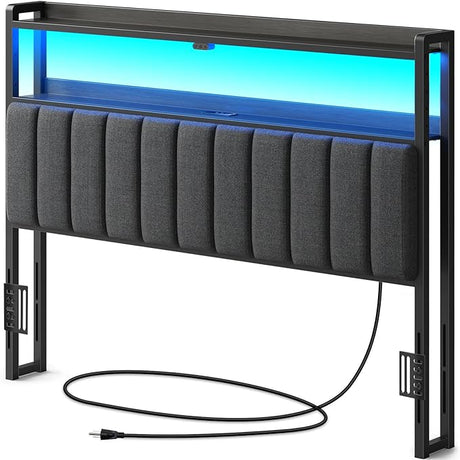 Headboard for Full Size Bed with Storage, 60,000 DIY Color of LED Light, Head Board with USB & Type C Port, Height Adjustable, Black Upholstered Cabeceras de Cama Comfortable Modern, Stable