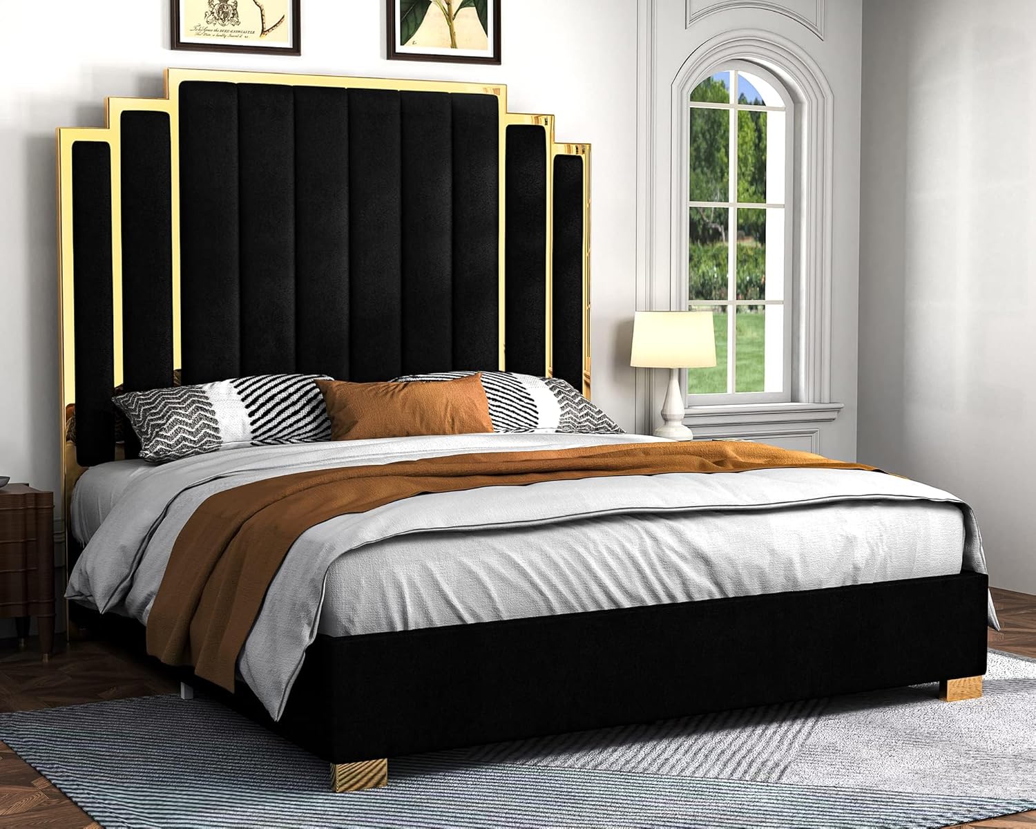 California King Platform Bed Frame - 65" Velvet Upholstered with Gold Trim