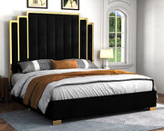 California King Platform Bed Frame - 65" Velvet Upholstered with Gold Trim