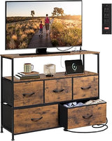 Black Dresser TV Stand for Bedroom Decor with Power Outlet, Chest of Drawers Fabric