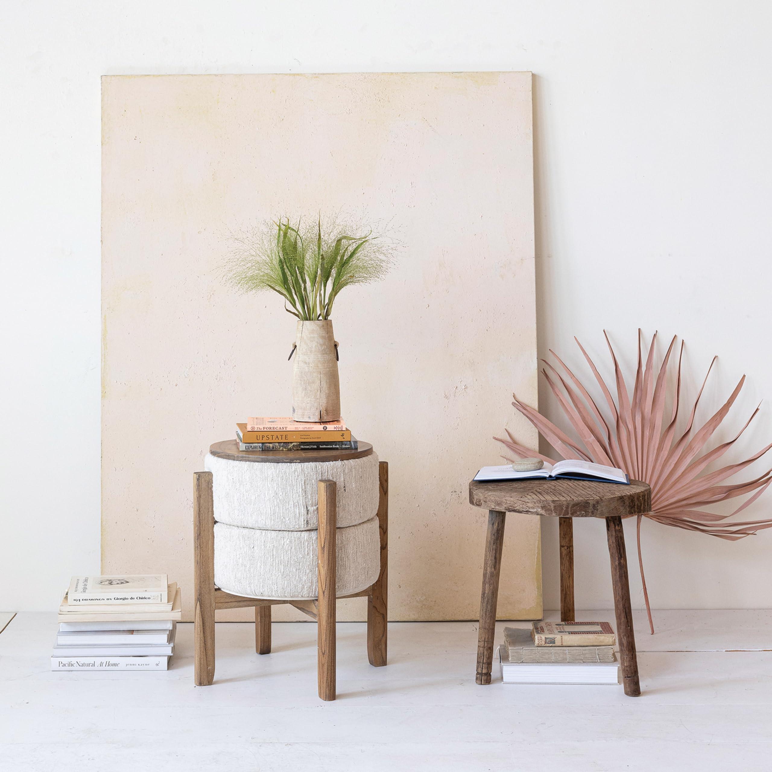 Woven Cotton and Wool Blend Table/Stool with Oak Wood Legs and Reversible Top