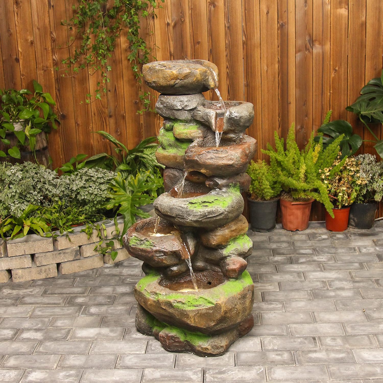 37.4" H 6-Tiers Cascading Rock Outdoor Water Fountain with LED Lights Outdoor Fountains