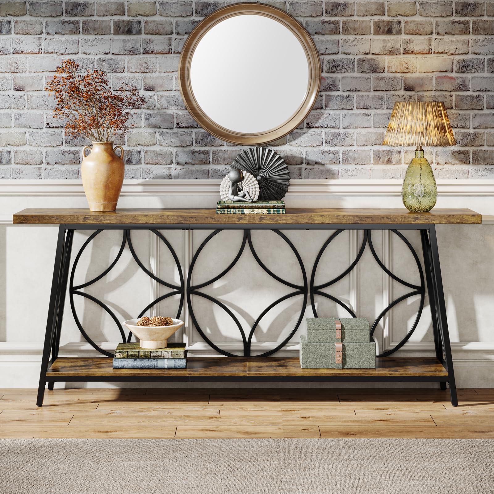 70.9-Inch Rustic Brown Console Table with Storage - 2-Tier Sofa Table