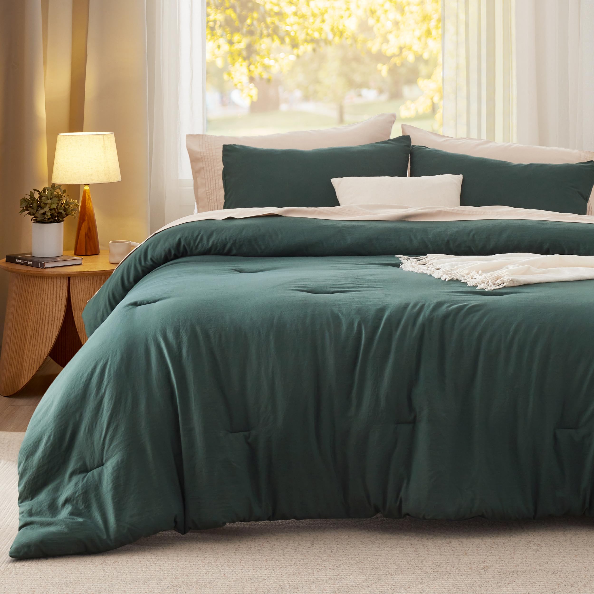 Queen Size Comforter Set - Forest Green Prewashed Bedding