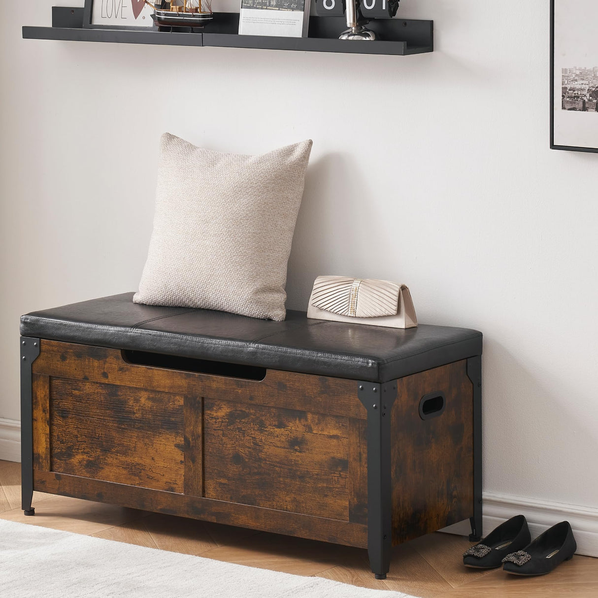 Storage Chest, Wooden Storage Trunk with Metal Frame, Entryway Shoes Bench with Cushion, Large Storage