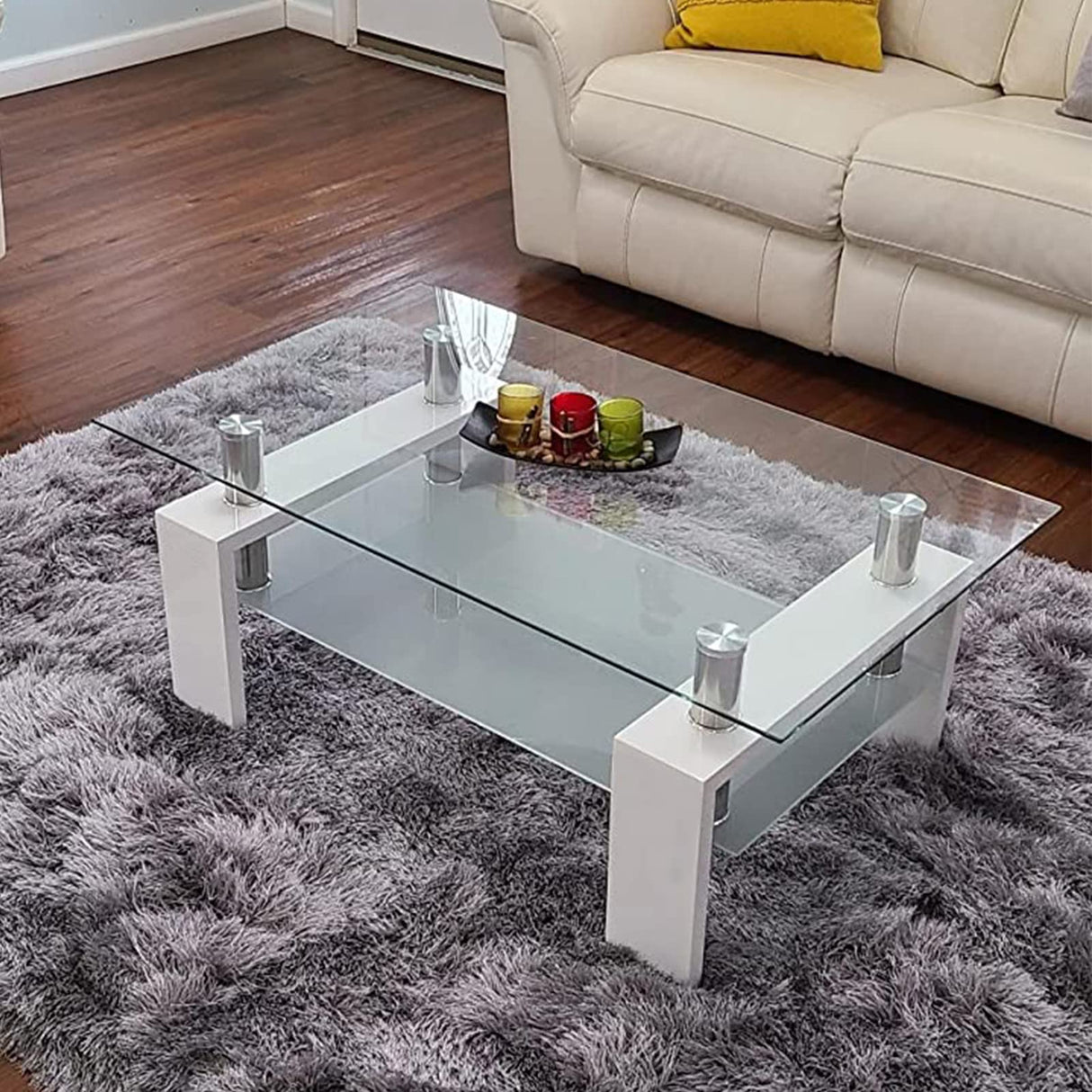 Glass Coffee Table for Living Room, Modern Coffee Table with Black Tempered Glass