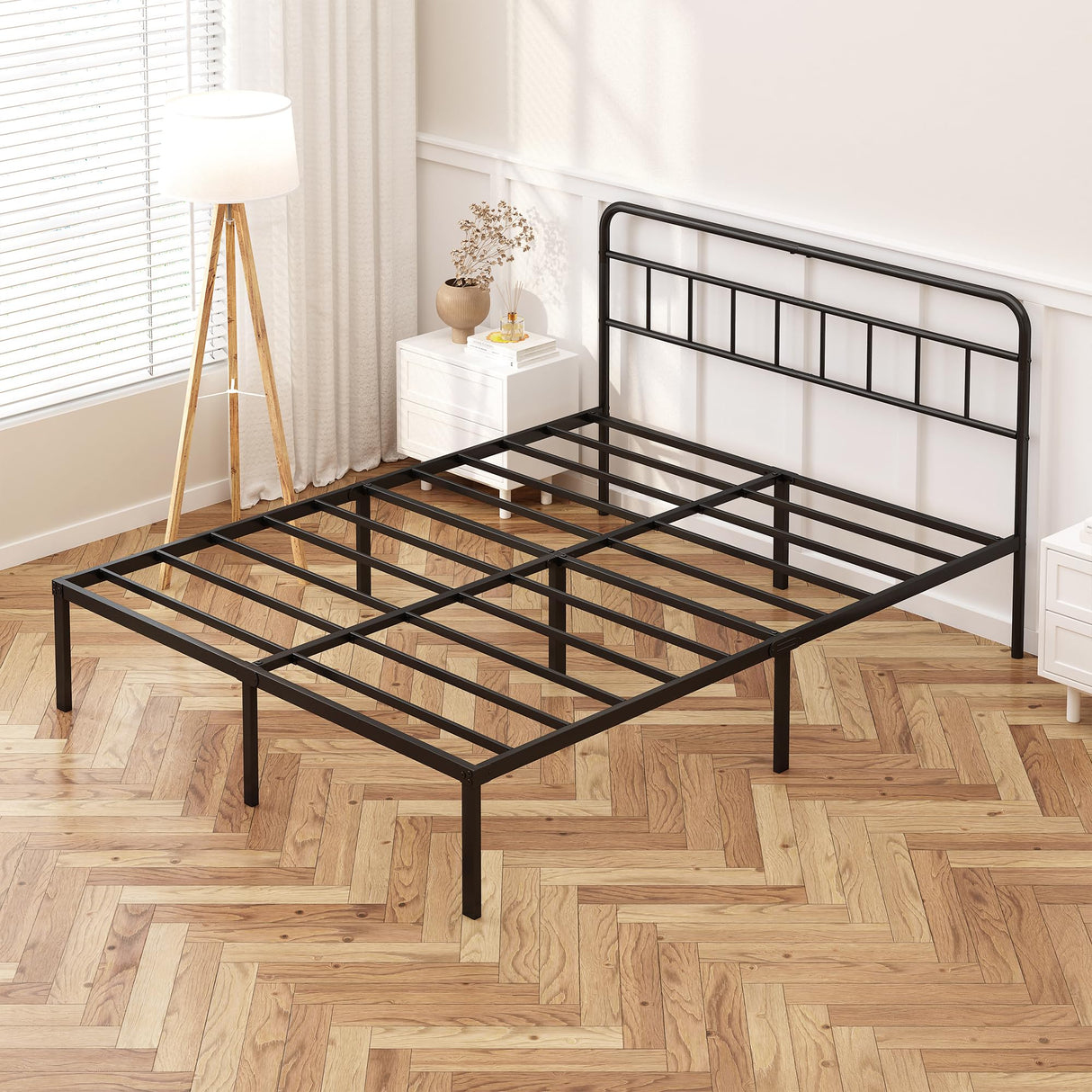 12-Inch Queen Bed Frame with Minimalist Headboard - Black Metal Platform