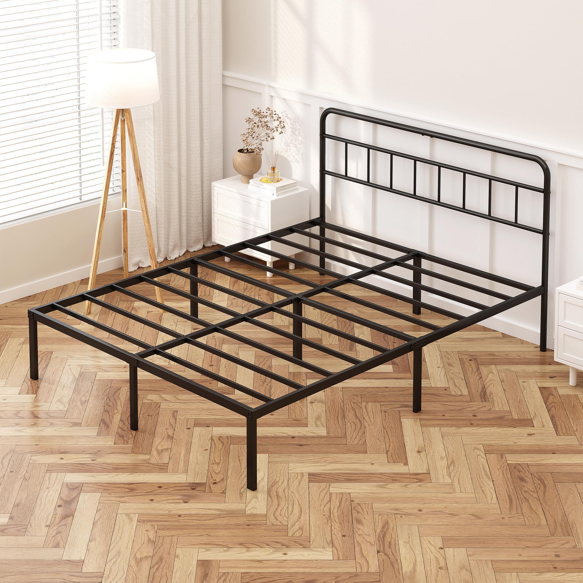 12-Inch Queen Bed Frame with Minimalist Headboard - Black Metal Platform