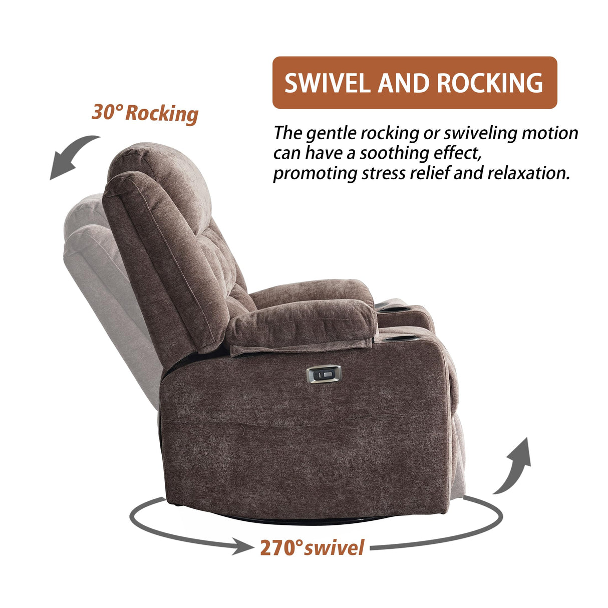 Ketaiyou Power Swivel Rocker Recliner Massage Chair, USB and Type-C Ports, Electric Recliner Glider Reading Chairs Living Room, Upholstered Soft Fabric Reclining Sofa Chair (Fabric Coffee)