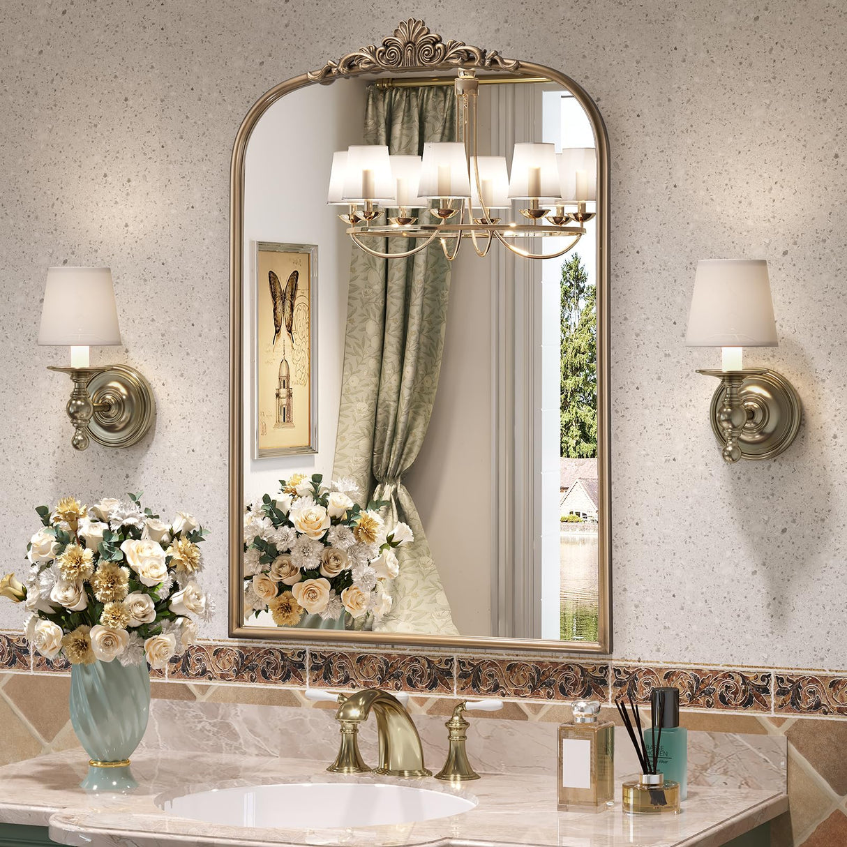 24" x 36" Antique Gold Arched Wall Mirror