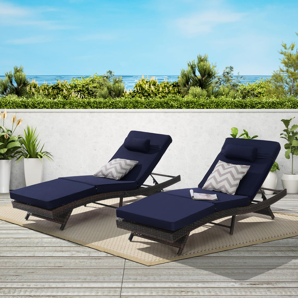 KEIKI Outdoor Long Reclining Chair Set of 2, PE Wicker Chaise Lounge Chairs with 5-Level Adjustable Backrest, Sunbathing Chairs Recliner up to 150° for Poolside, Garden, Beach, Deck, Dark Blue