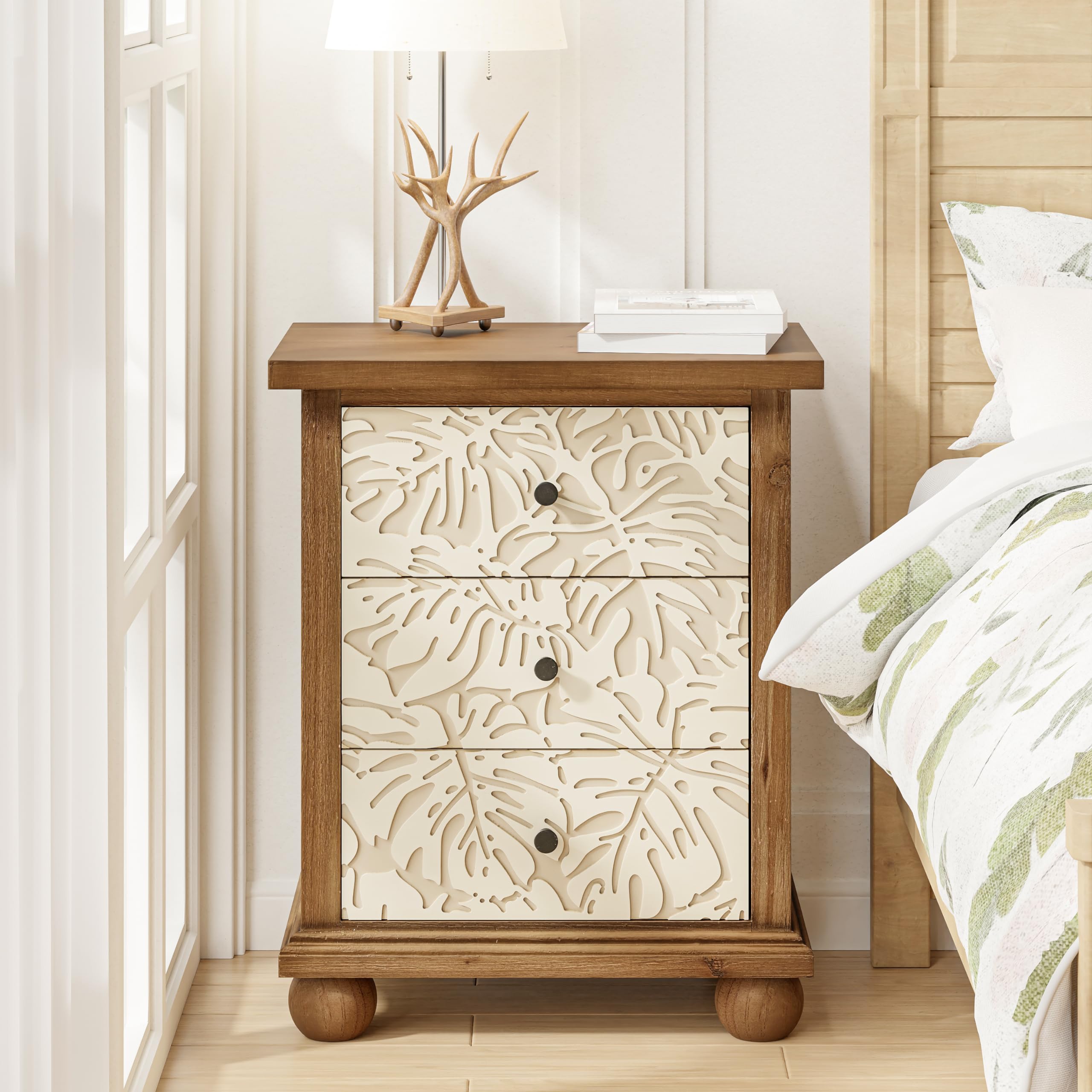Rustic Farmhouse 3-Drawer Nightstand with Leaves Pattern Carved, Vintage French Country End Table