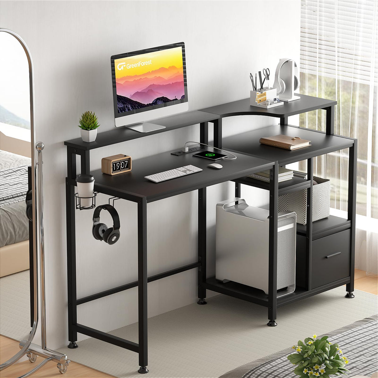 Computer Desk with Drawers, Home Office Desk with Printer Shelf, 55 inches Black Desk with Storage, Writing Study Desk with Monitor Stand, Small Work Desk for Bedroom, Black