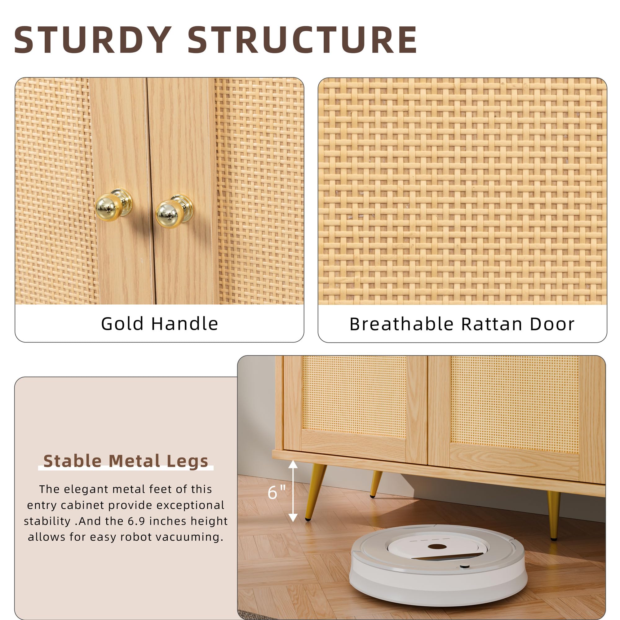 Buffet Cabinet with Storage, Kitchen Storage Cabinet with 3 Rattan Decorated Doors,