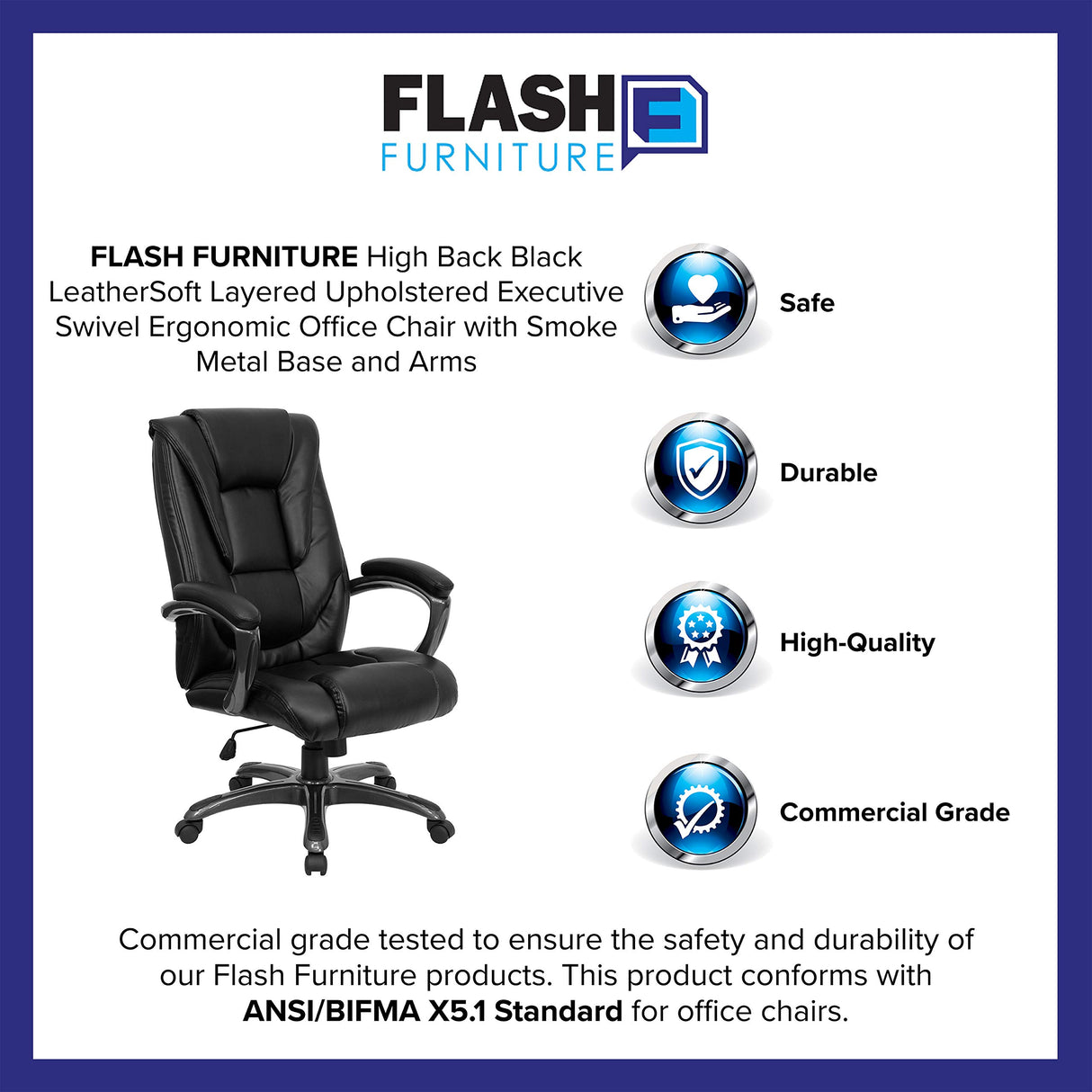 Flash Furniture Oma High Back Black LeatherSoft Layered Upholstered Executive Swivel Ergonomic Office Chair with Smoke Metal Base and Arms