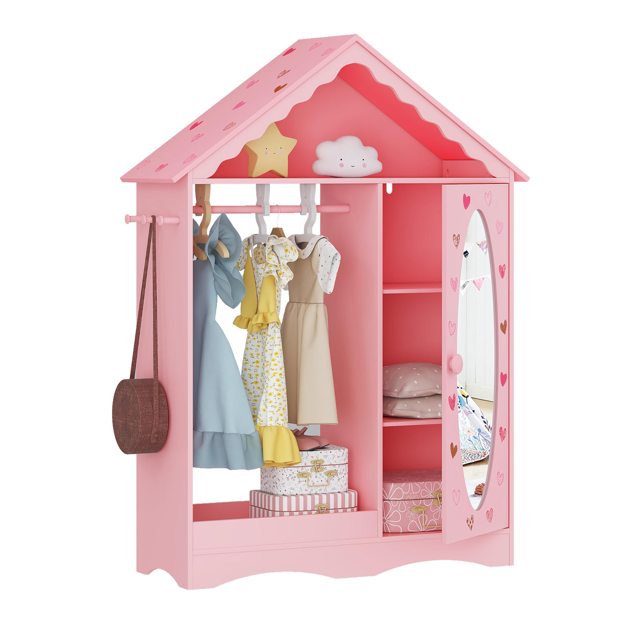 Kids Dress Up Storage with Mirror, Kids Wardrobe Closet, Dress Up Armoire for Little Girls