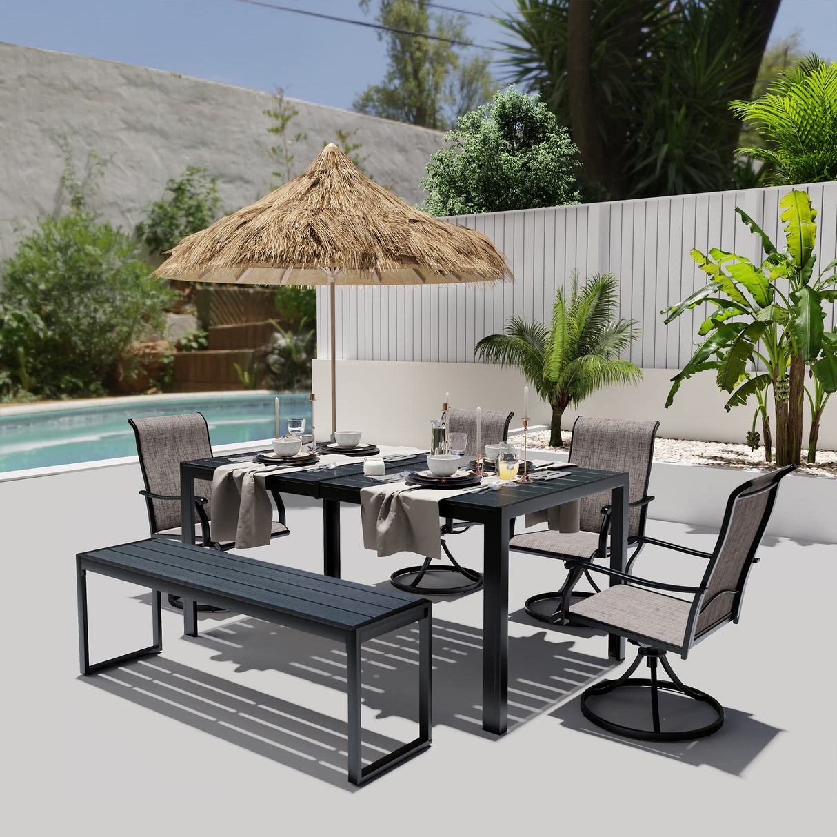 Rectangle Patio Dining Table for 6, All Weather Wood slatted Outdoor Table