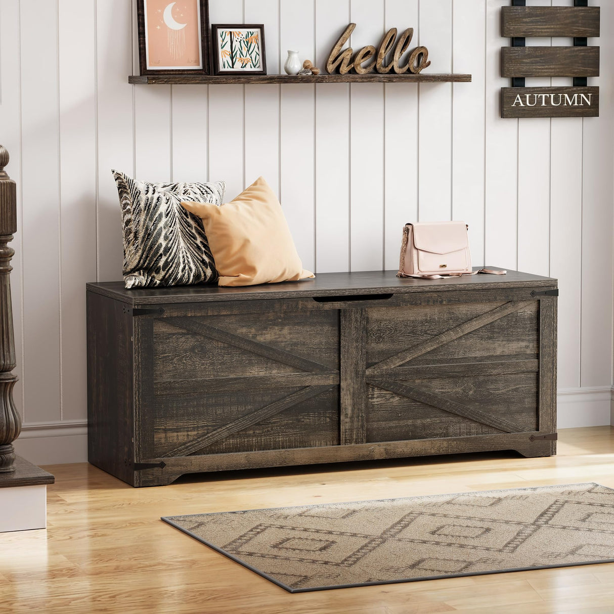 Storage Bench, 47.2" Farmhouse Storage Chest with 2 Safety Hinges